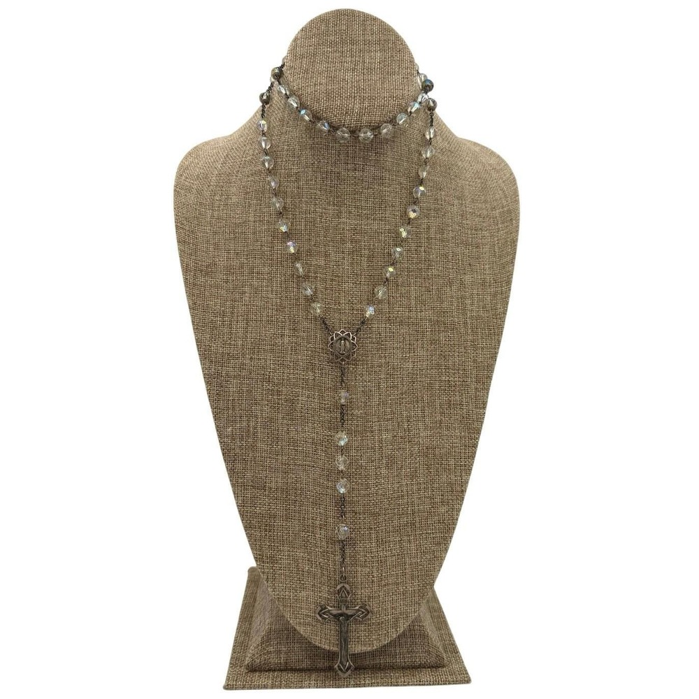Vintage Sterling  Crystal Bead Rosary w/  Mary Prayer Pendant and Crucifix